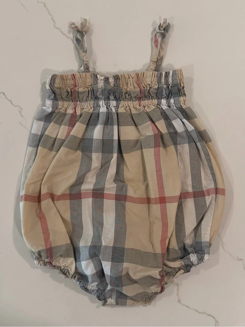 Burberry Kids Plaid Ruffled Romper in Beige, Gray & Red